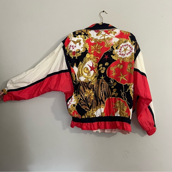 Vintage 1980s Rare Animal Print Gold Red Womens windbreaker bomber Jacket Size M - Picture 2 of 11